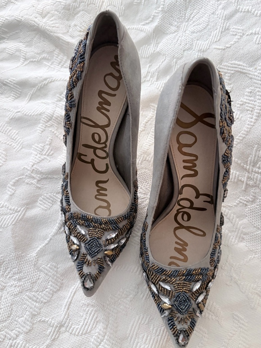 Sam Edelman Grey Beaded Pointed-Toe Heels